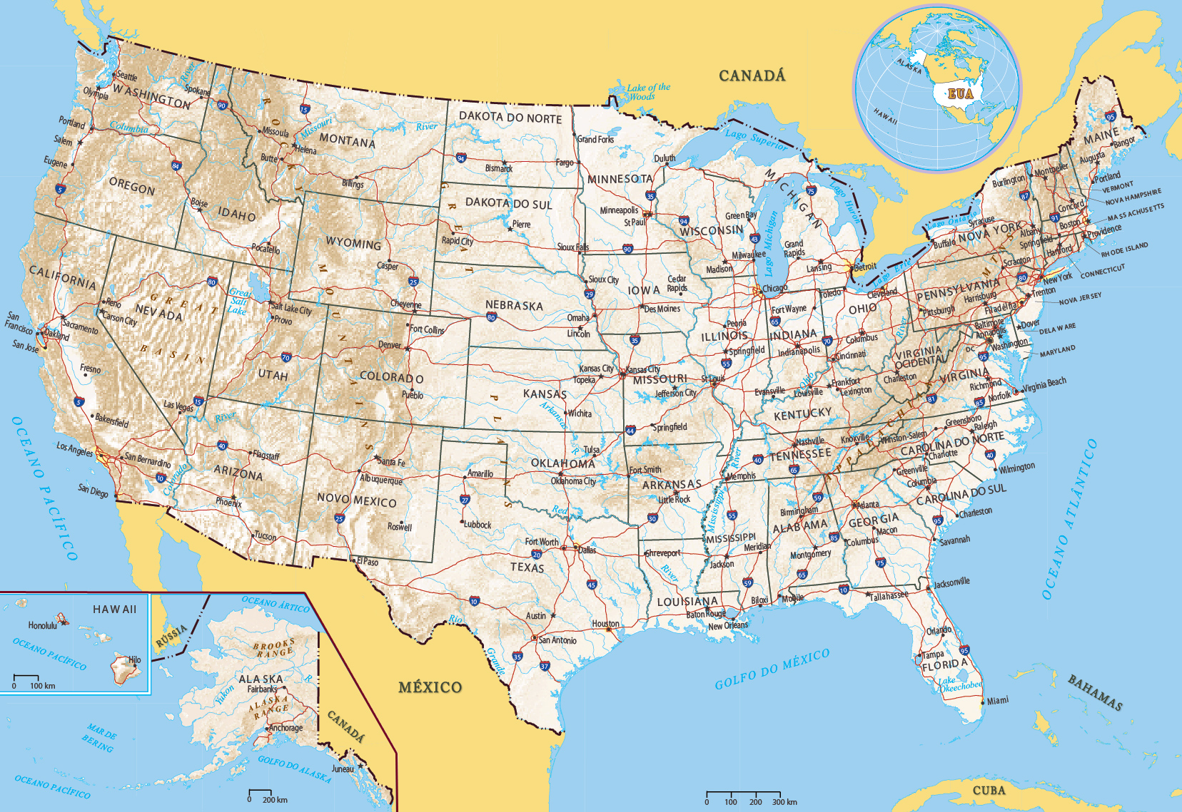 Mapa fisico Estados Unidos