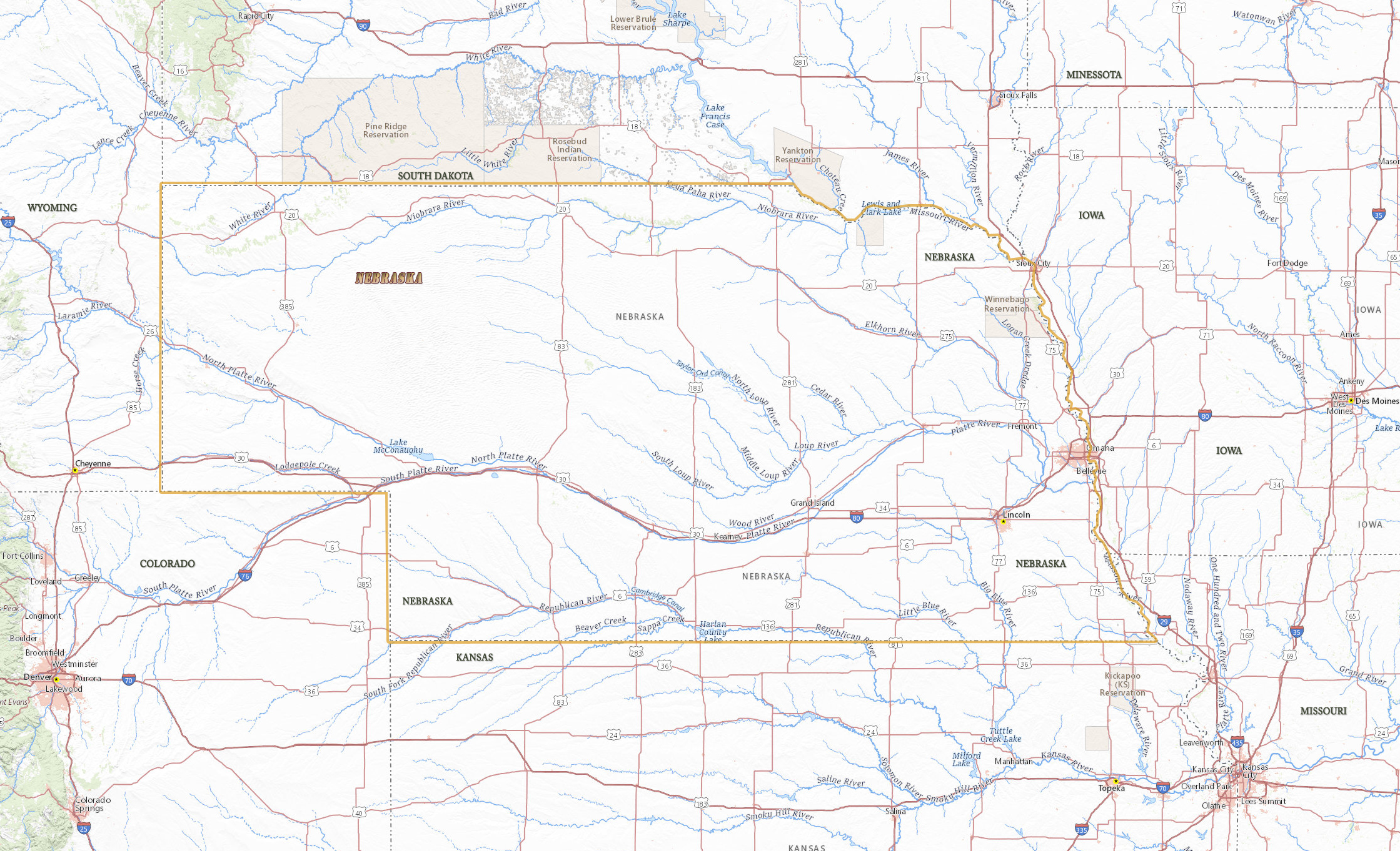 Nebraska mapa fisico