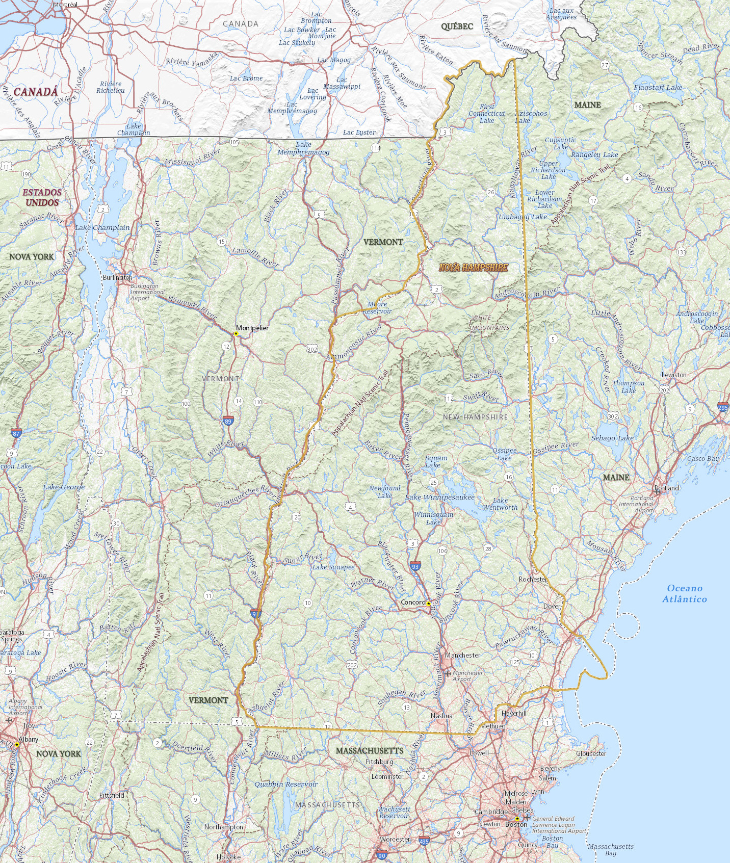 Mapa Nova Hampshire fisico
